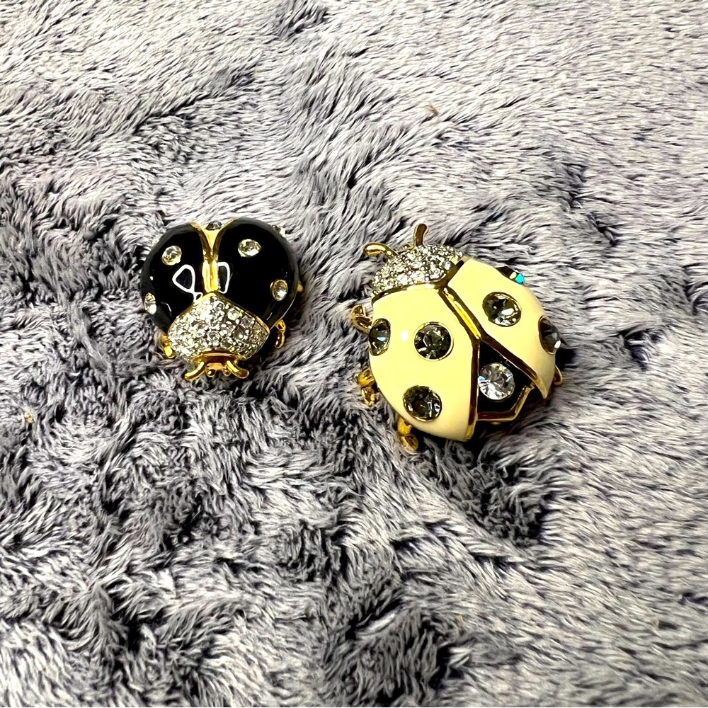 Joan Rivers Lady Bug Brooch Set with Swarovski Crystals Black and White Enamel